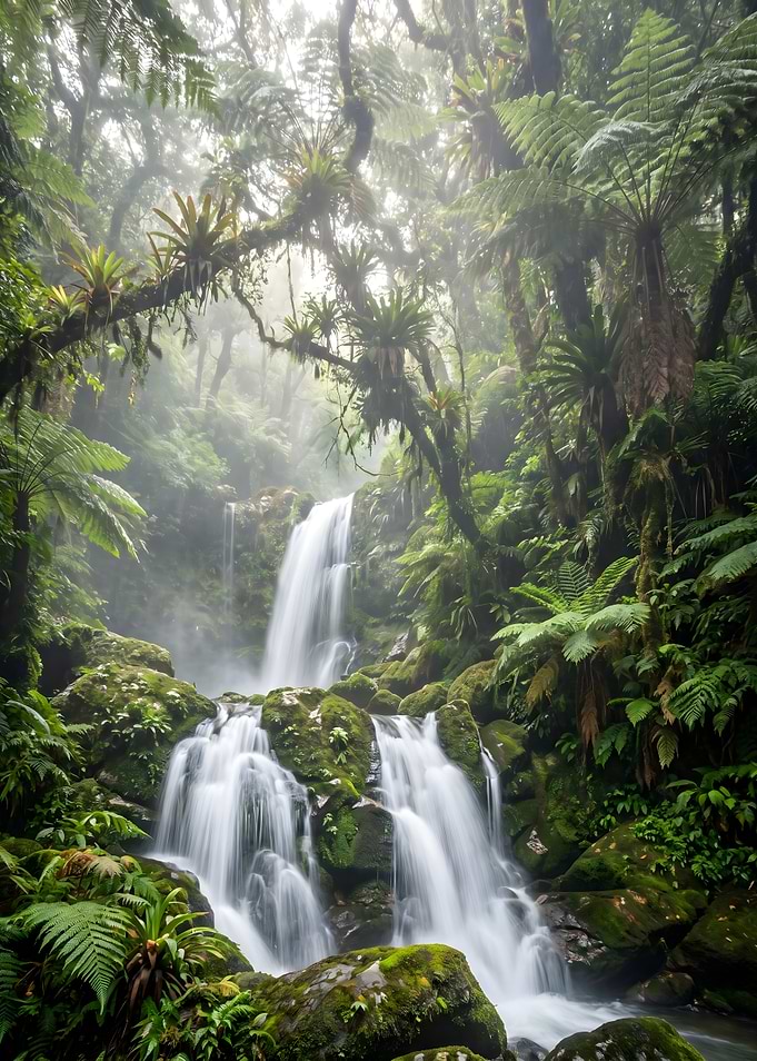 Misty Waterfall in Lush Forest