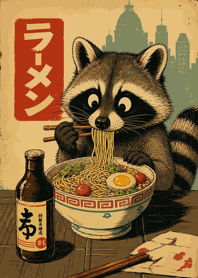 Raccoon Eating Ramen