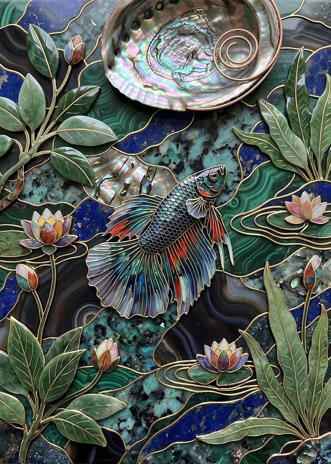 Betta Fish with Lotus Flowers and Abalone Shell
