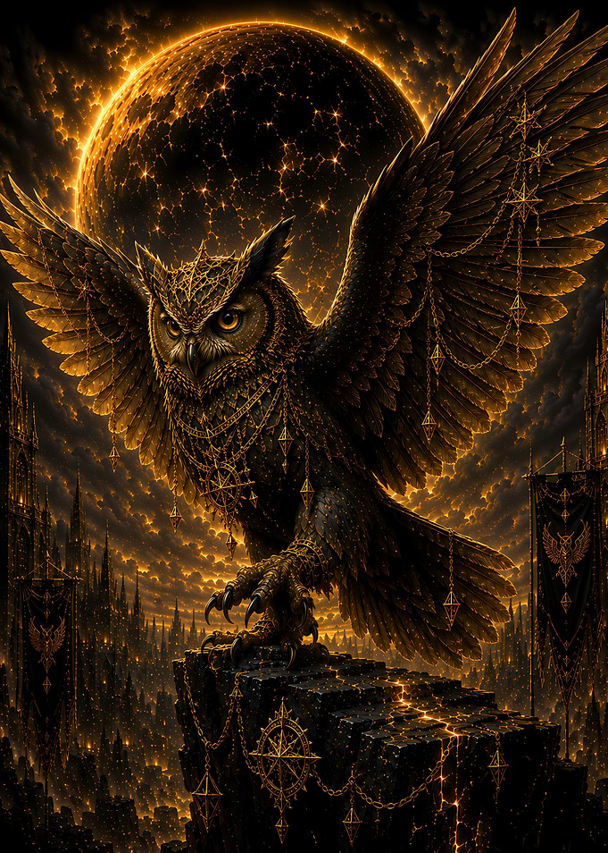 Golden Owl Over Fantasy Cityscape