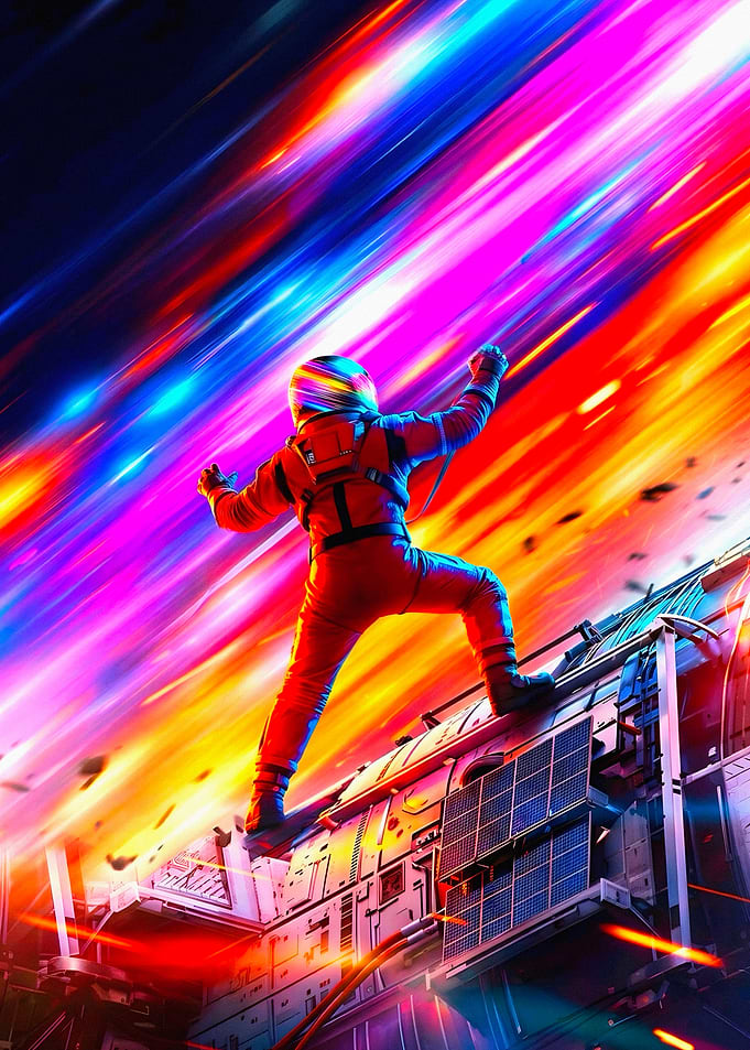 Astronaut in colorful cosmic background