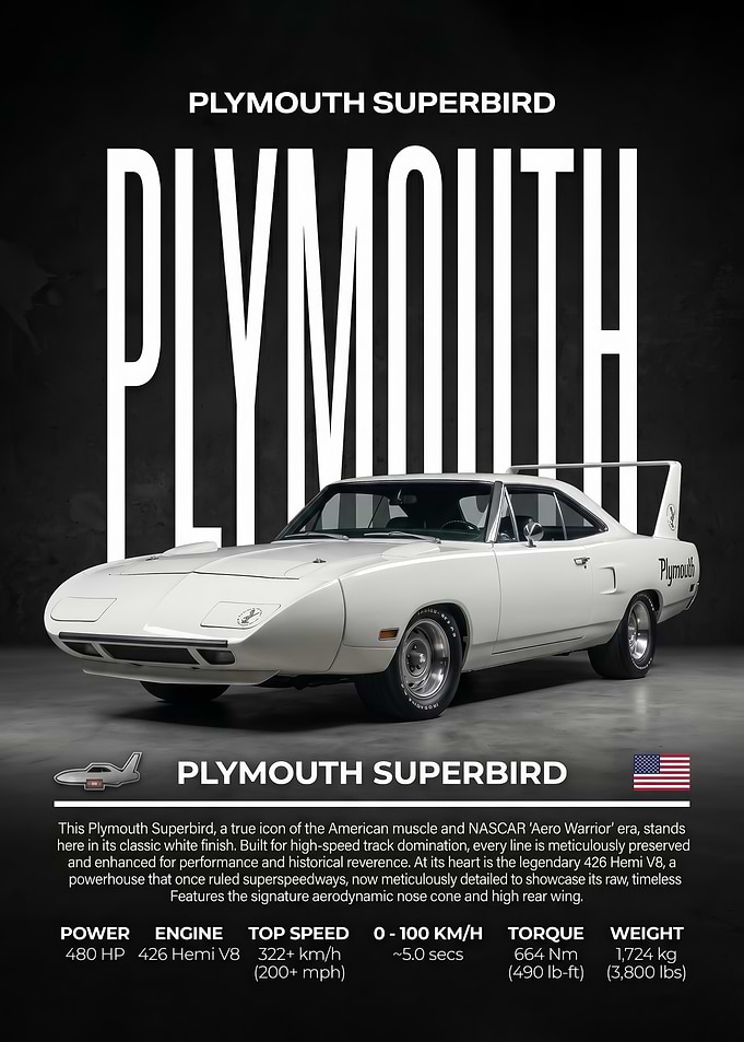 sleek muscle car Plymouth Superbird white Poster