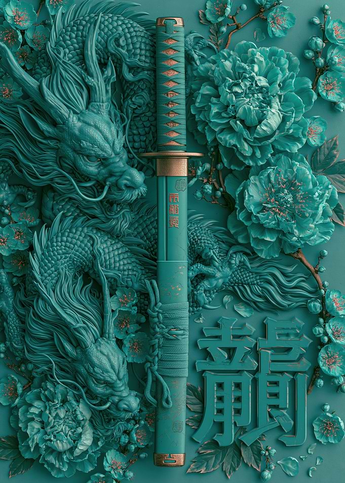 Teal Dragon and Katana with Flowers