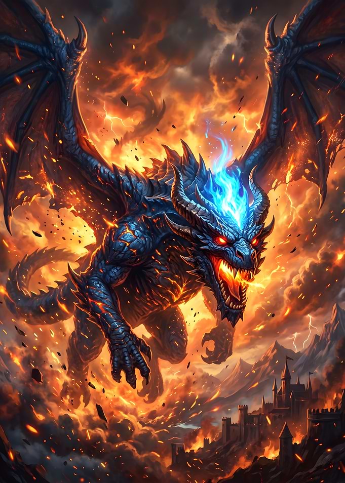 Fiery Dragon Attacking a Castle