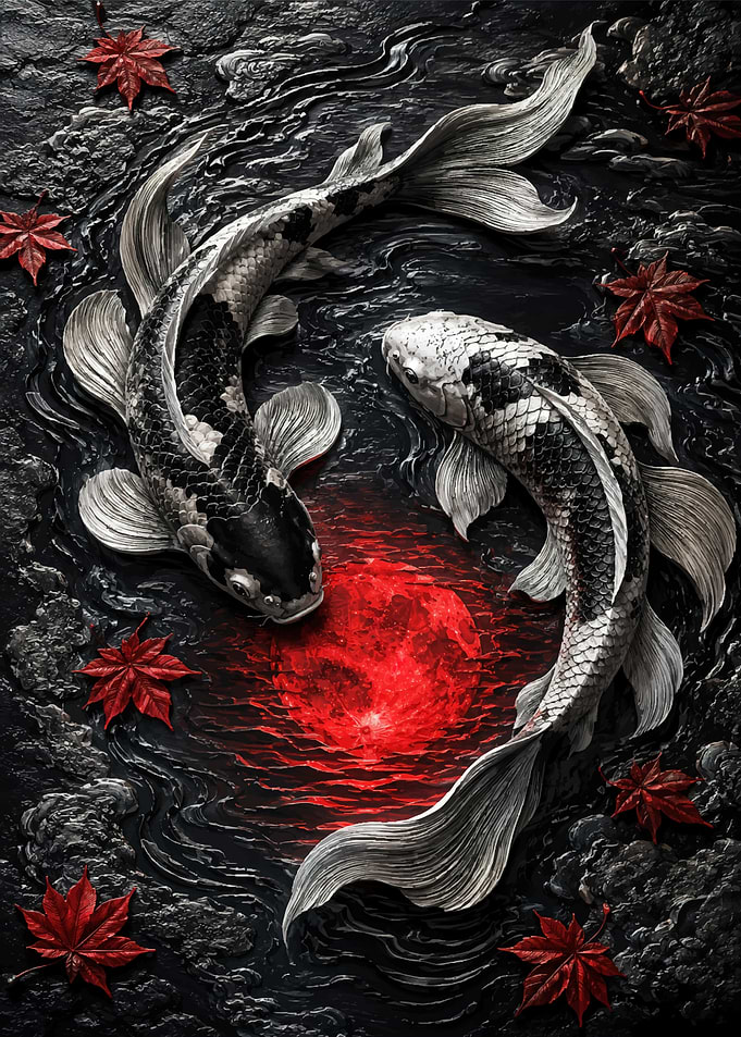Koi Fish and Red Moon
