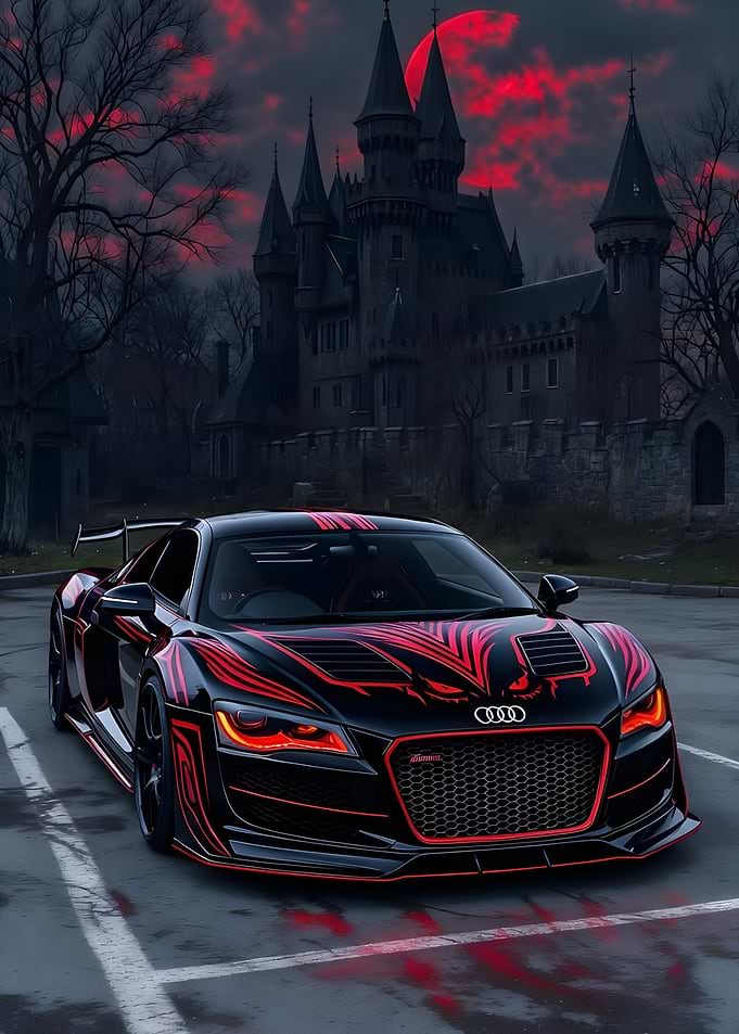 Audi R8 with Dragon Decals in Front of Castle