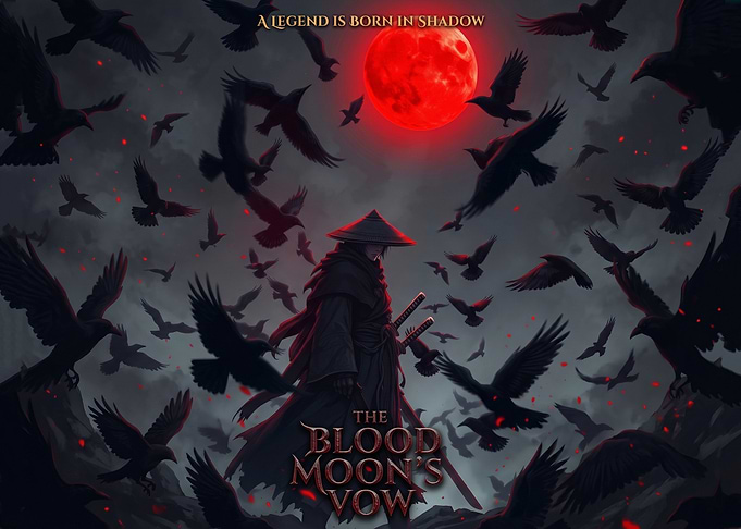 Samurai Under Blood Moon with Crows