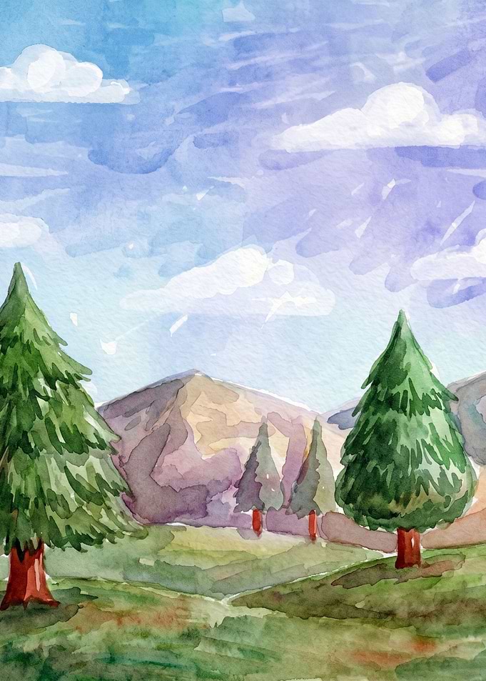 Watercolor Landscape with Mountains and Trees