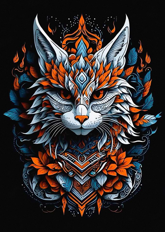 Stylized Cat Portrait with Floral Accents