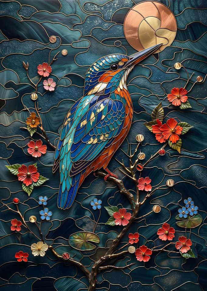 Kingfisher with Flowers Stained Glass