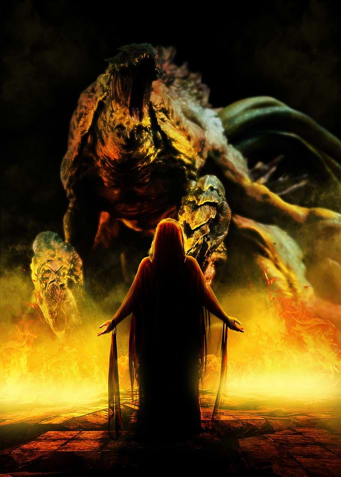 Sorceress Summoning Monsters in Fire