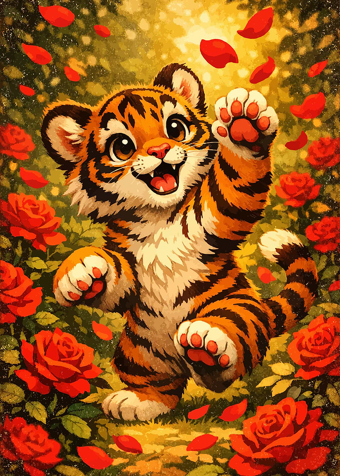 Cute Tiger Cub Among Roses