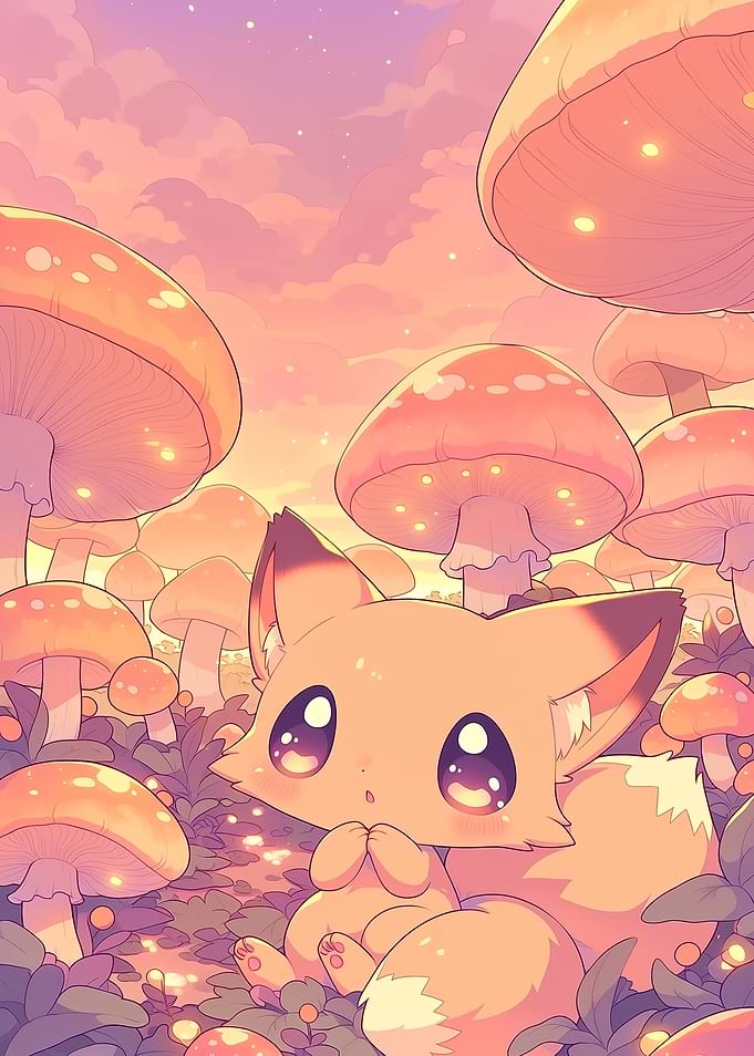 Cute Fox Among Magical Mushrooms