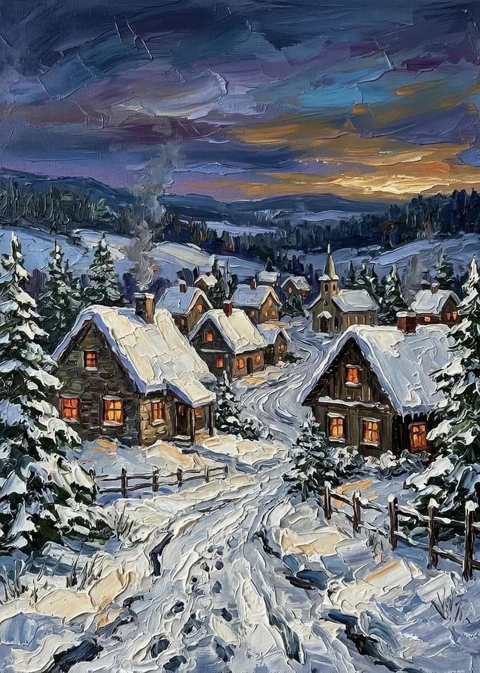 Snowy Village at Dusk Painting