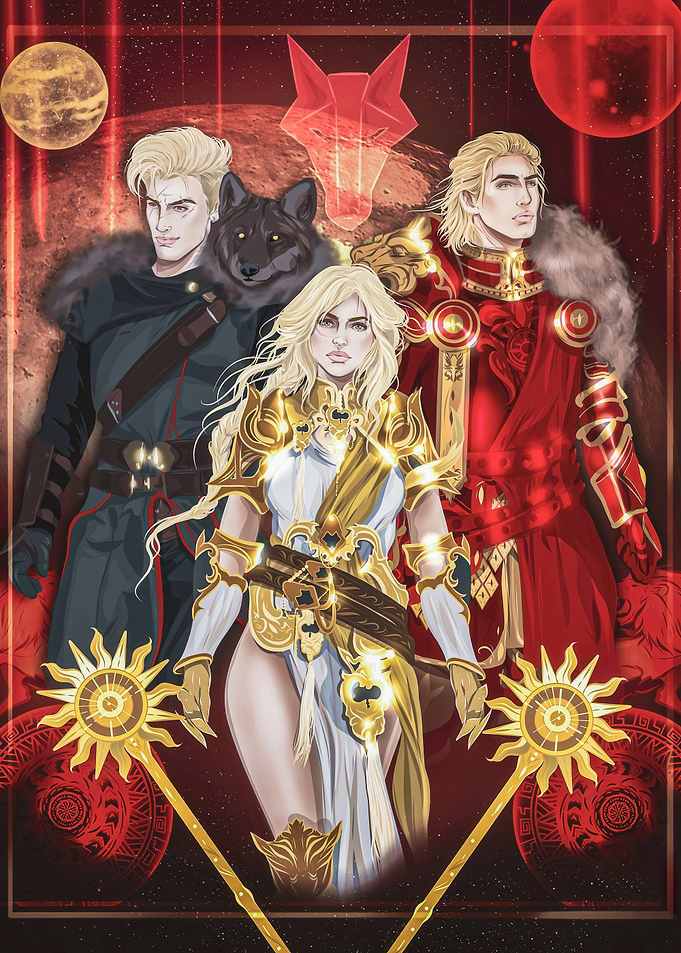 Fantasy Characters with Wolf and Celestial Background