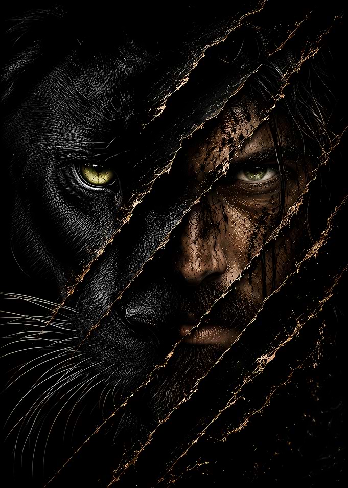 Man and Panther Split Image