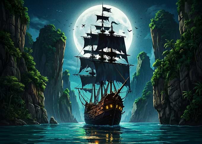 Pirate Ship Under a Full Moon