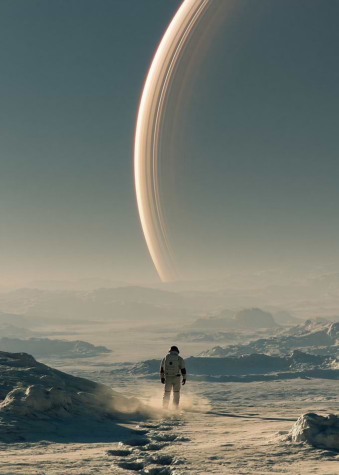 Astronaut on alien planet with Saturn-like rings