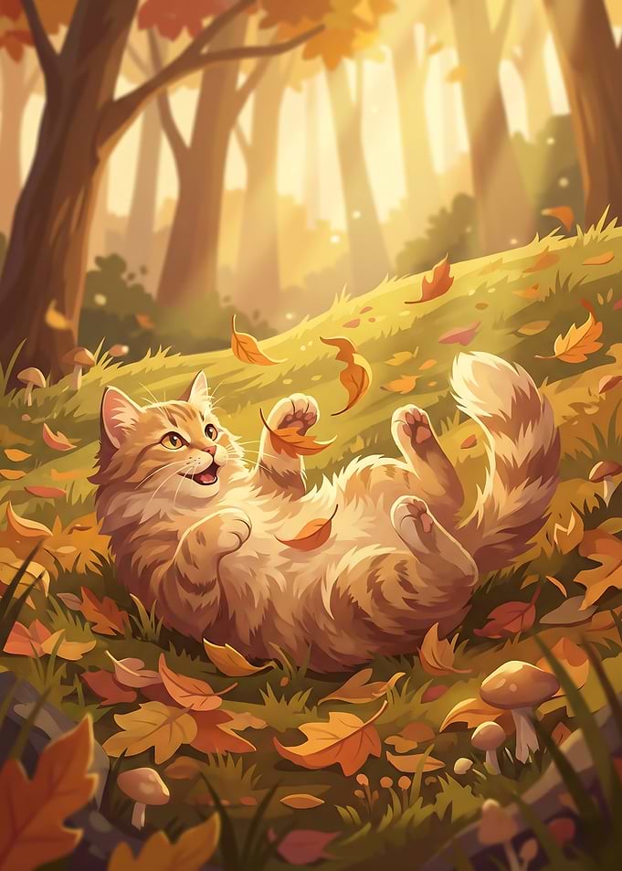 Fluffy Kitten Rolling on Golden Forest Ground