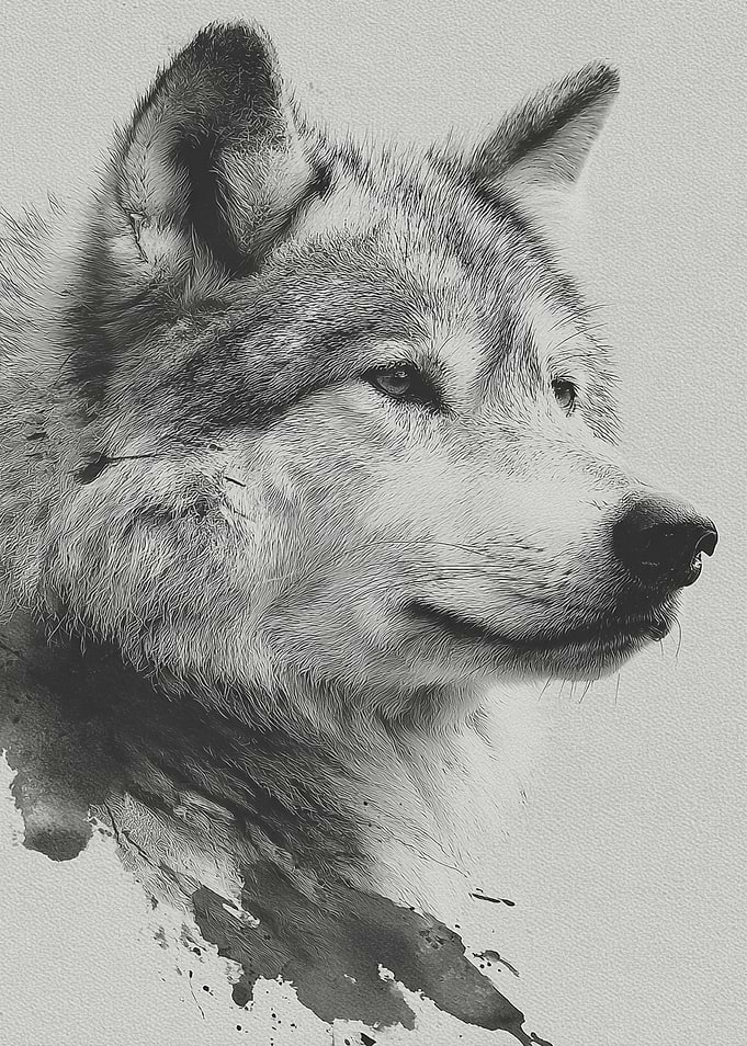 Wolf Portrait with Ink Splatter