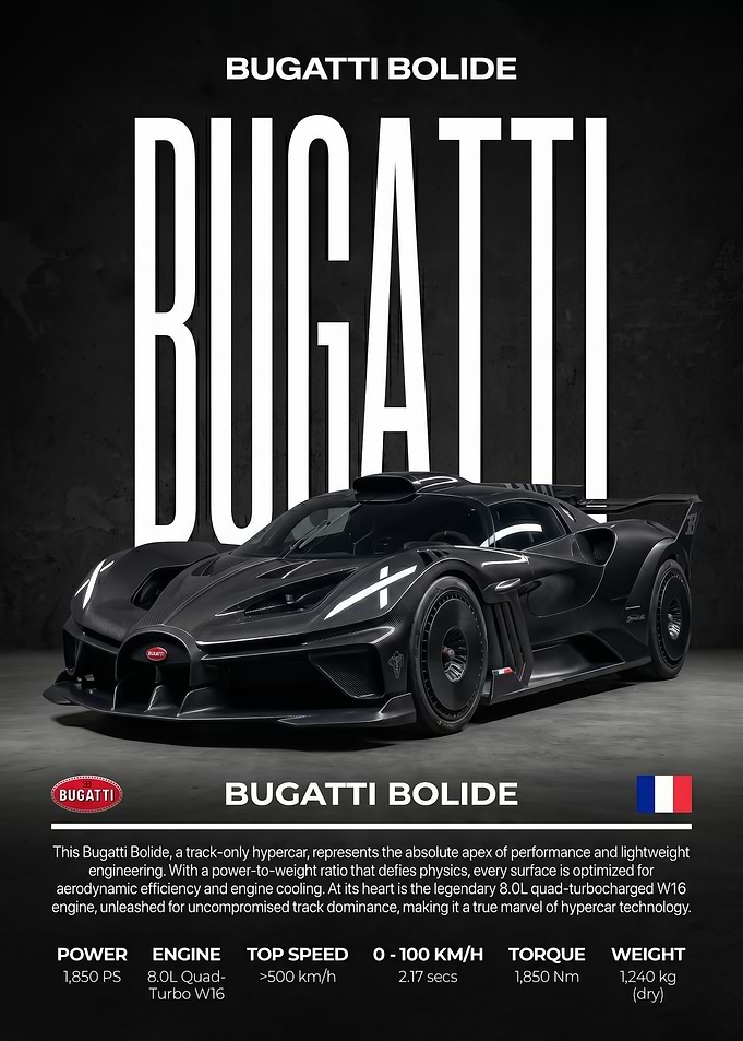 sleek bugatti bolide Hypercar car poster