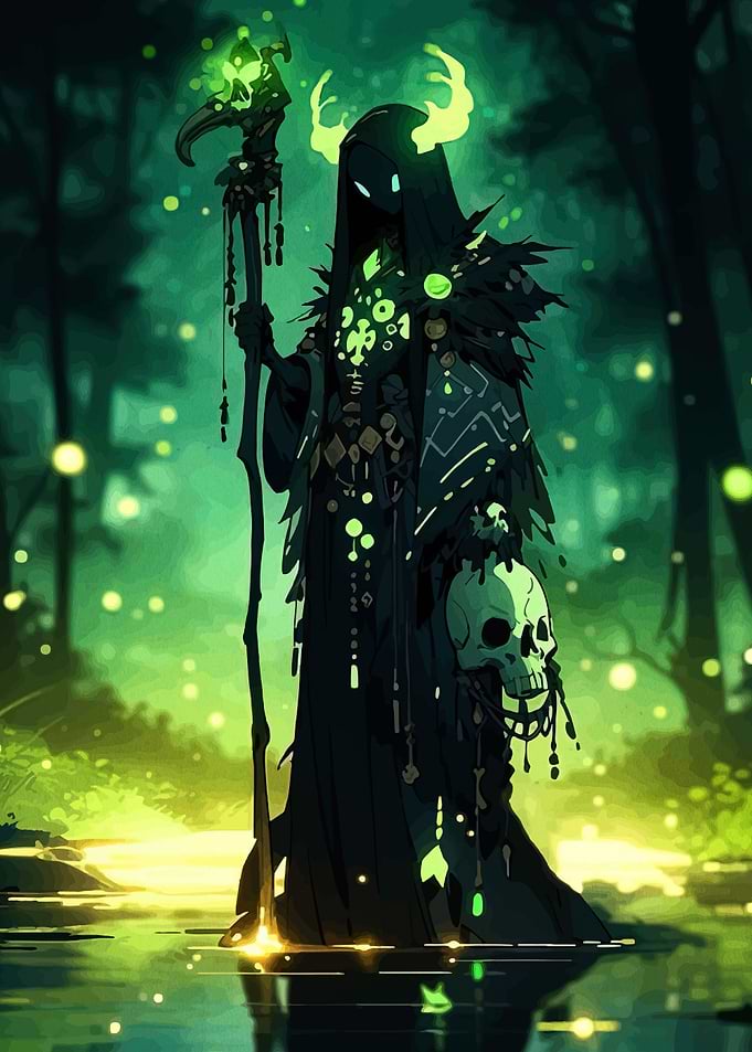 Mysterious Forest Sorcerer with Skull Staff