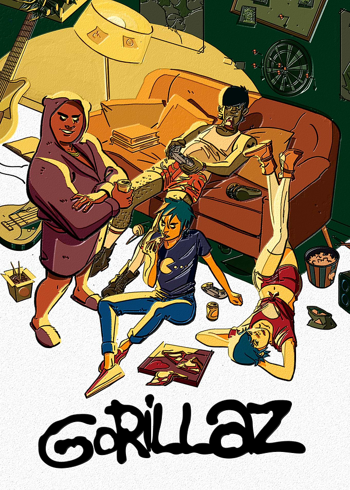 Gorillaz characters relaxing in a room