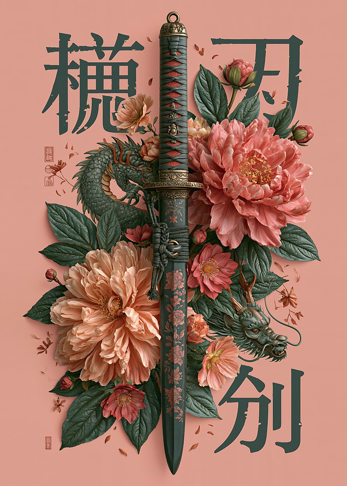 Katana with Dragons and Peonies