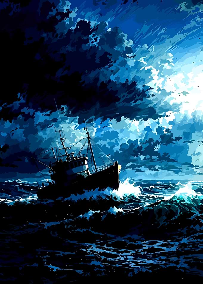 Fishing boat in stormy seas