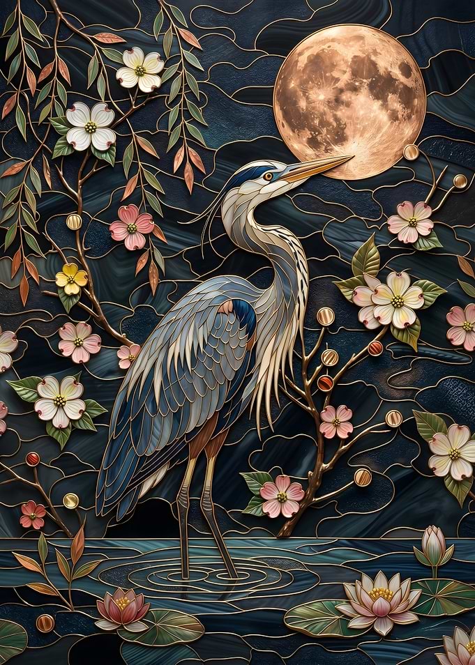 Heron and Moon Stained Glass Art