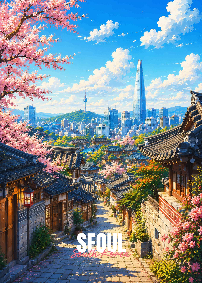 Seoul Cityscape with Cherry Blossoms