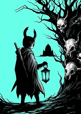 Hollow Knight Character with Lantern and Skulls