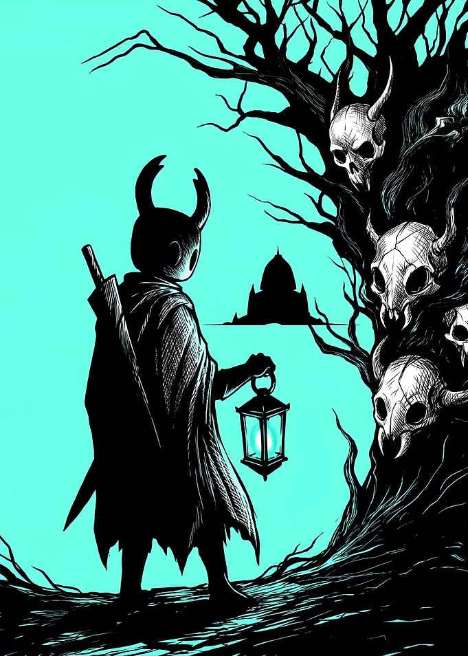 Hollow Knight Character with Lantern and Skulls