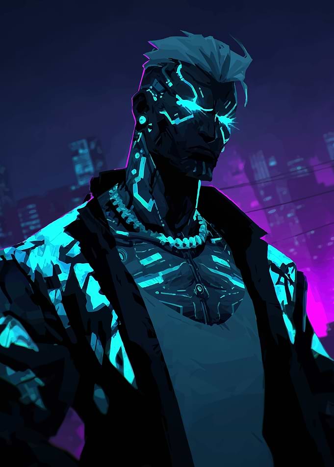 Cyberpunk character with glowing blue circuits