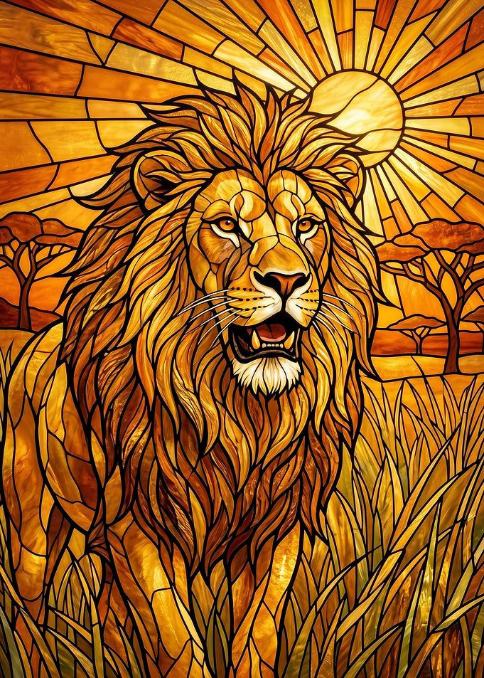 Stained Glass Lion in African Savannah