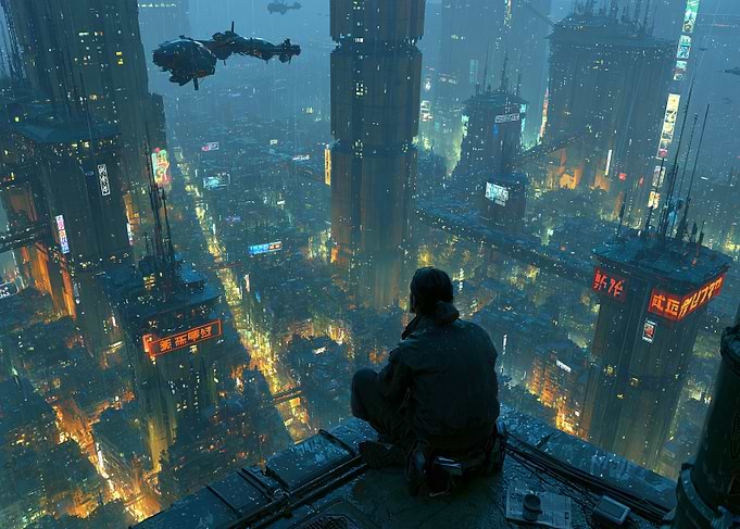 Person overlooking a futuristic city