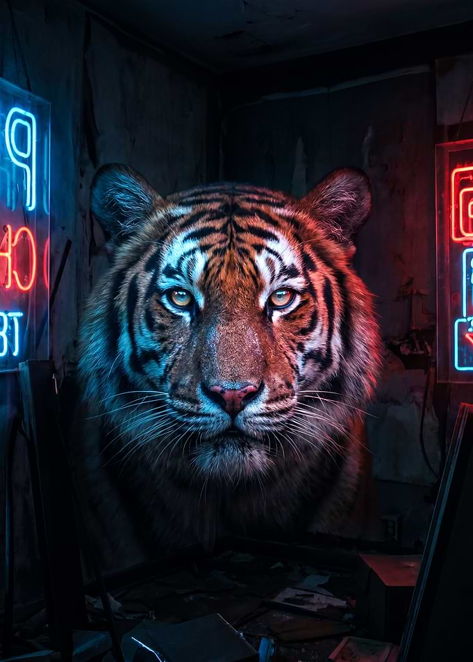 Tiger in Neon-Lit Room