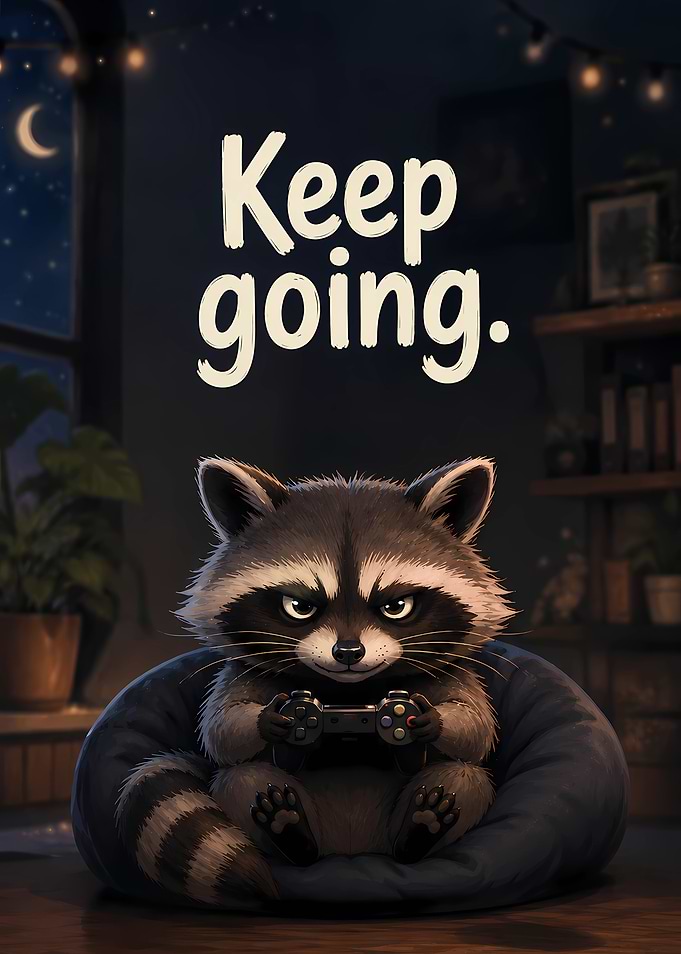 Raccoon gamer with inspirational text