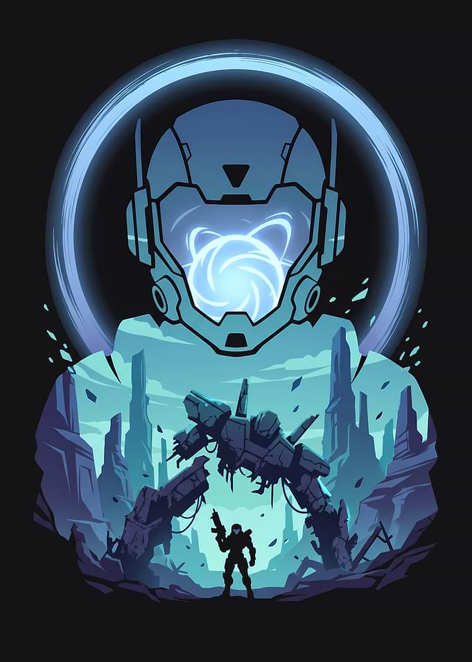 Sci-fi Warrior in Ruined Landscape