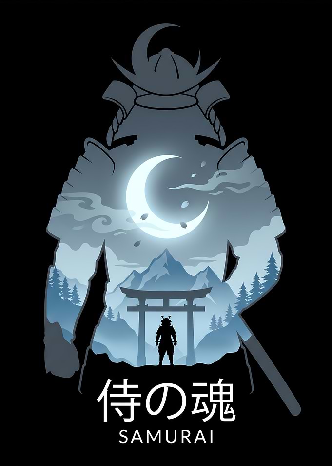 Samurai Silhouette with Moonlit Landscape