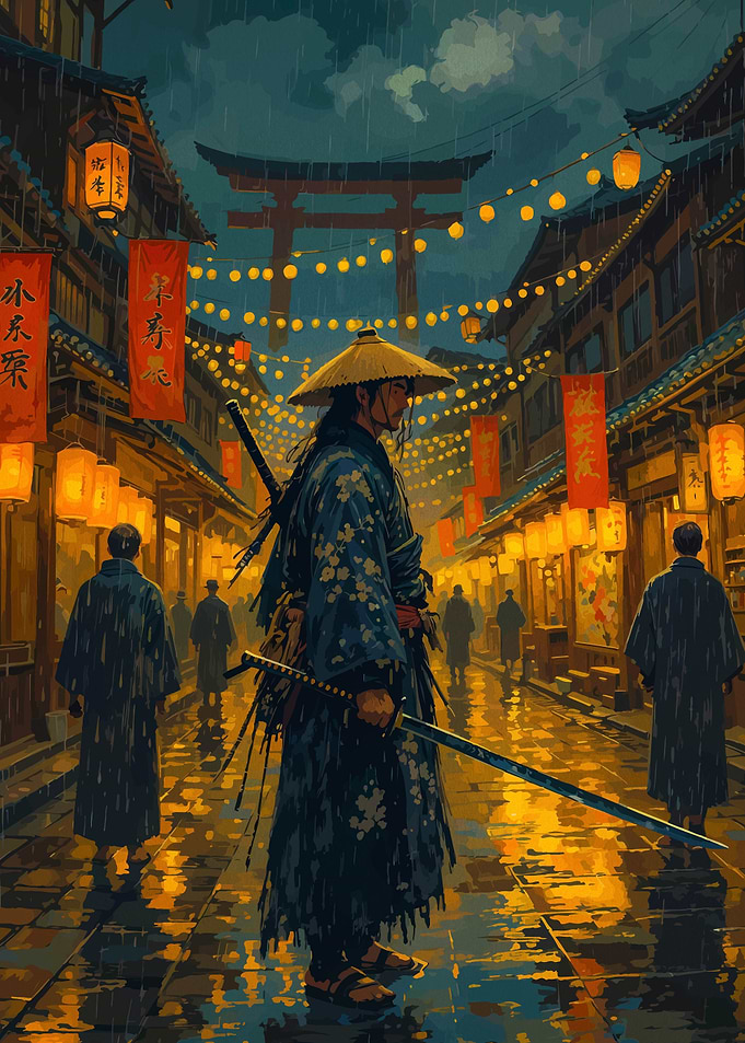 Samurai in Rainy Japanese Street