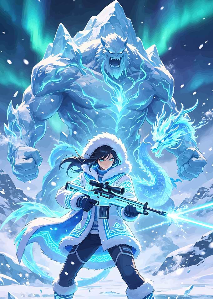 Anime Girl with Ice Dragon and Yeti