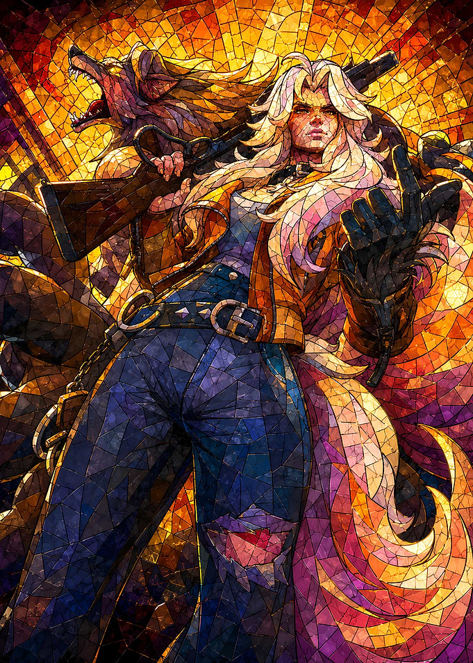 Stained Glass Wolf and Woman with Rifle