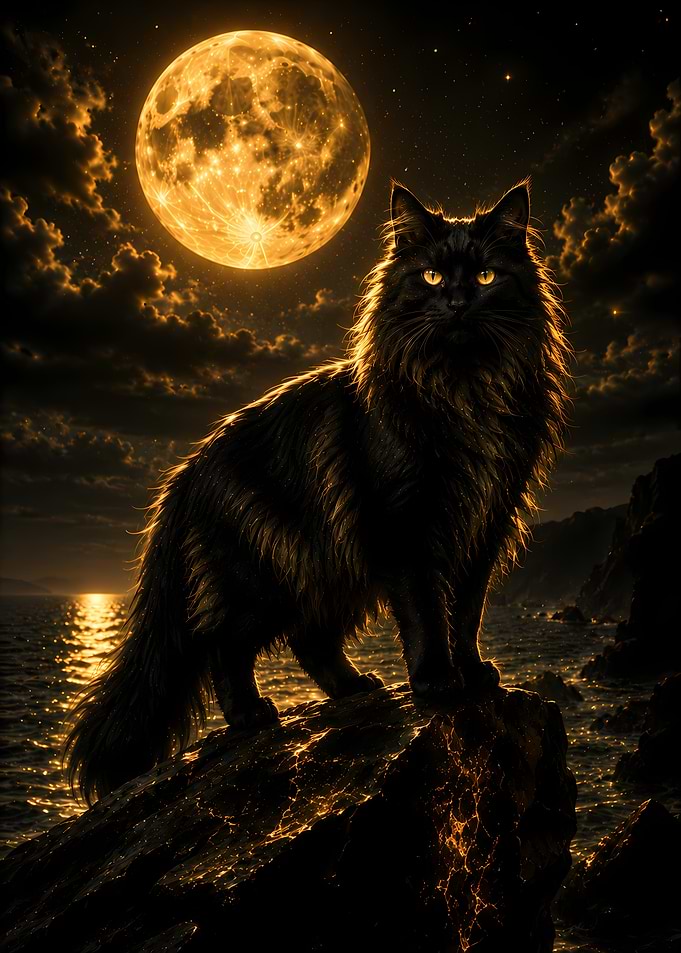 Black Cat Under a Golden Moon