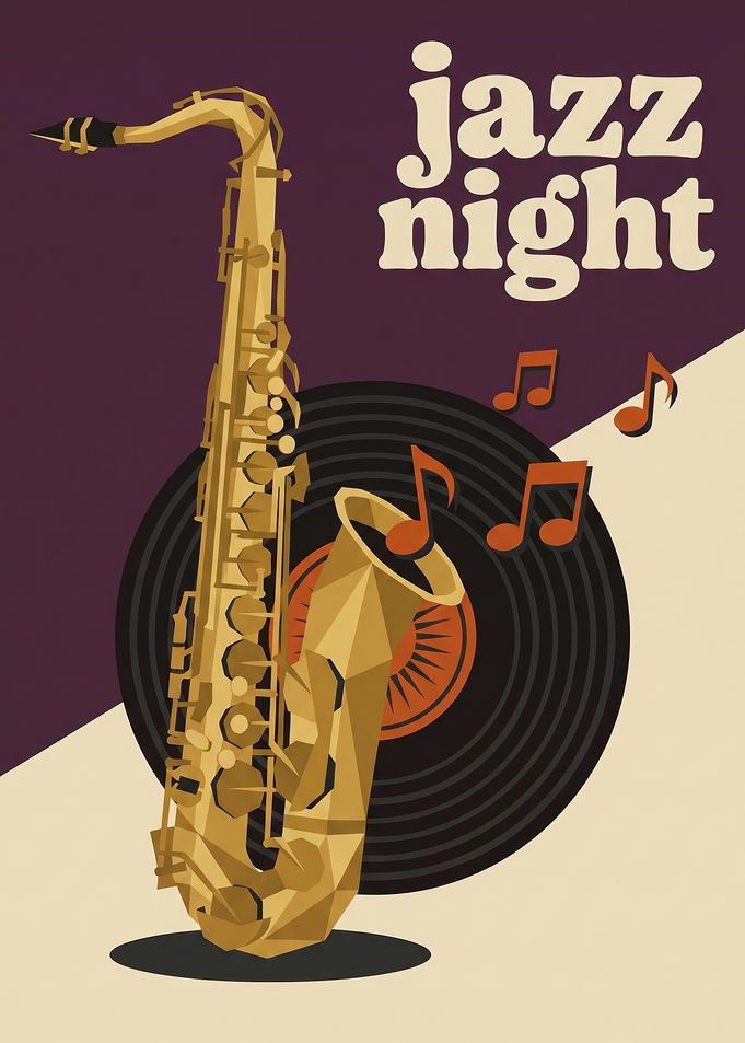 Geometric Saxophone Vinyl Record Musical Notes Retro Gold Brown Music Lover Studio