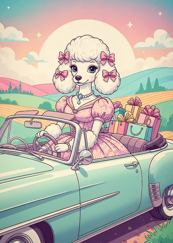 Poodle Driving a Convertible with Gifts