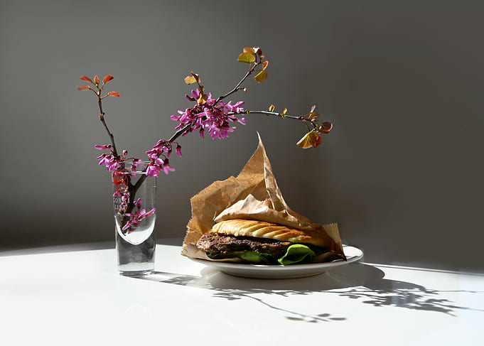 Burger and Spring Blossoms