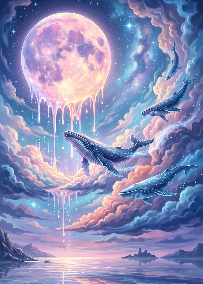 Whales swimming in a dreamlike sky