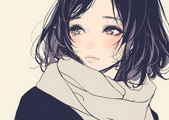 Minimalist Soft Anime Scarf Girl Portrait