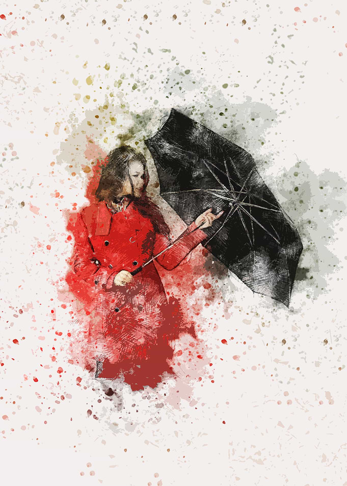 Woman in Red Coat with Umbrella